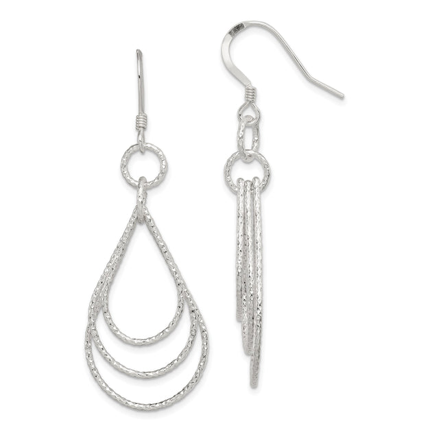 Sterling Silver Dangle Earrings with Triple Open Teardrop Design and Textured Finish