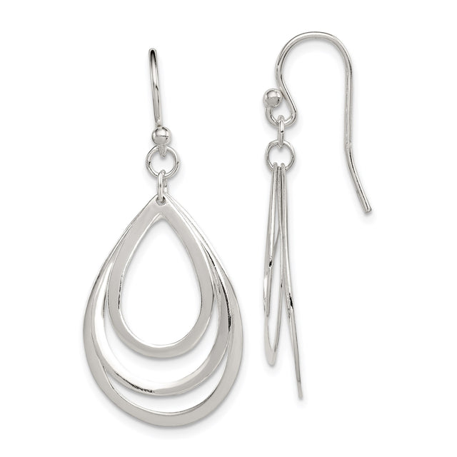 Sterling Silver Dangle Earrings with Triple Open Teardrop Loops, Polished Minimalist Design