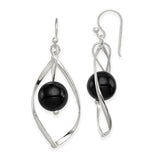 Sterling Silver Dangle Earrings with Black Onyx Beads, Twist Design and Open Frame Orb