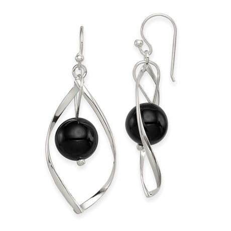 Sterling Silver Dangle Earrings with Black Onyx Beads, Twist Design and Open Frame Orb