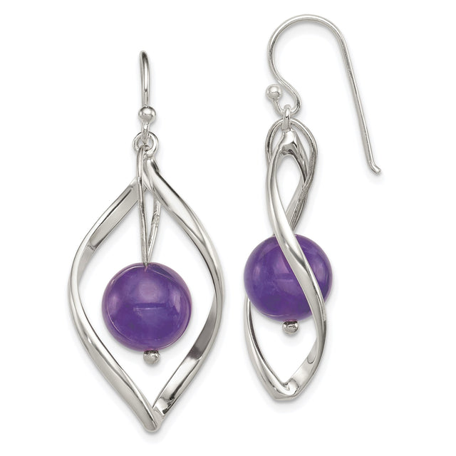 Sterling Silver Drop Earrings with Amethyst Bead, Open Marquise Twist Design