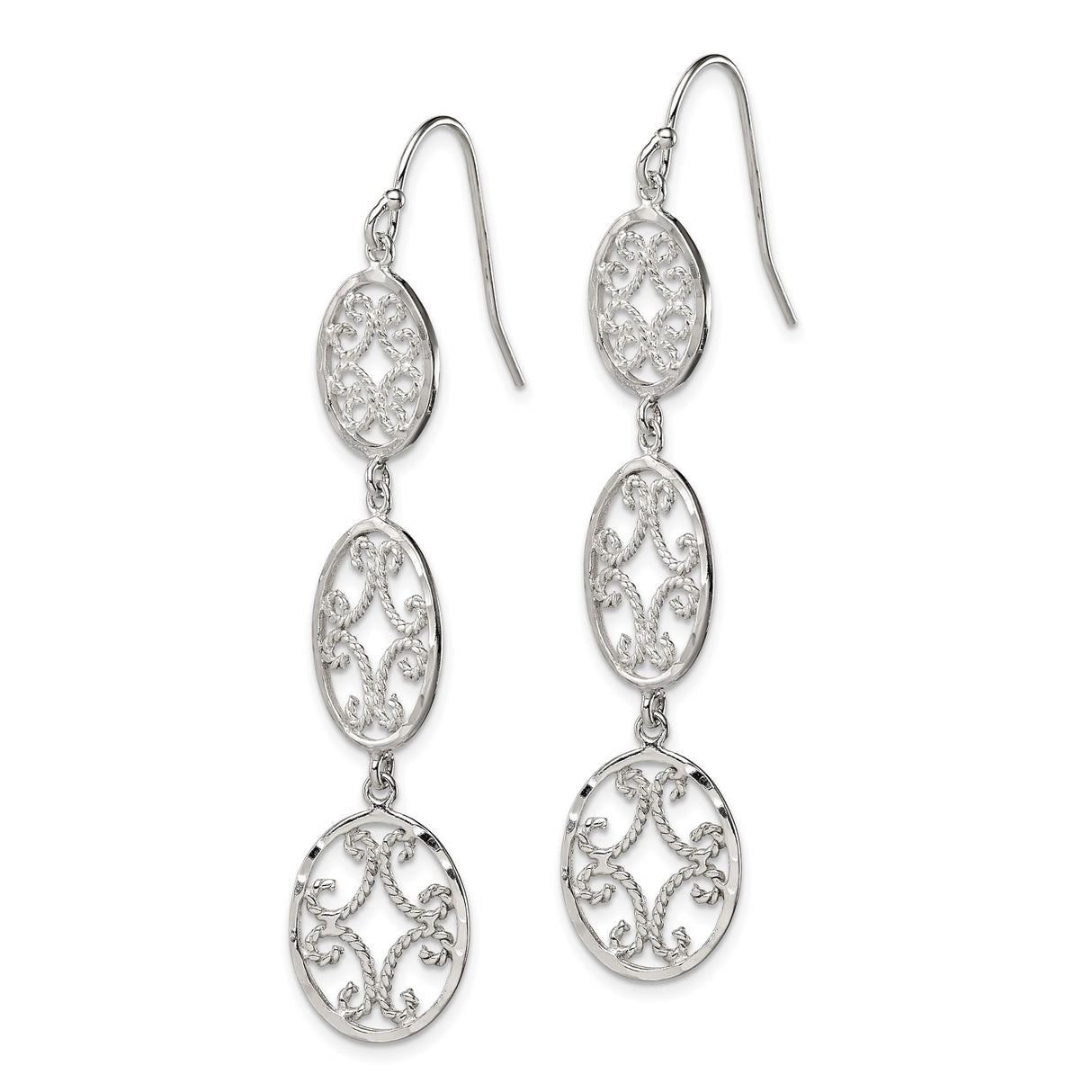 Sterling Silver Dangle Earrings with Three Oval Medallions, Filigree Scrollwork Design, Boho Vintage Style