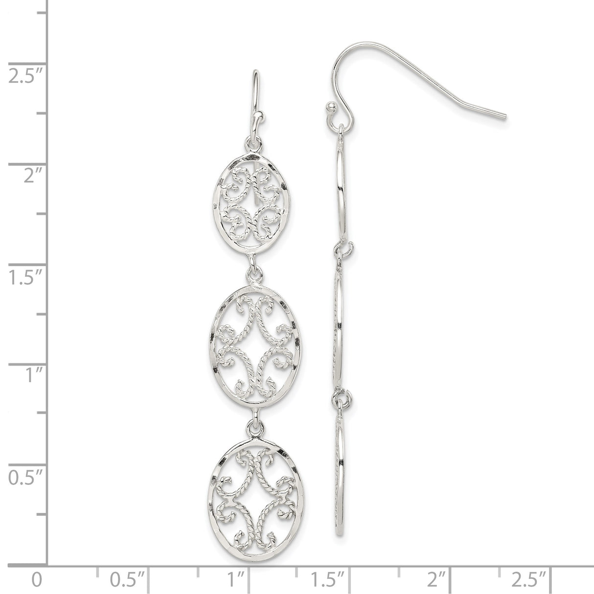 Sterling Silver Dangle Earrings with Three Oval Medallions, Filigree Scrollwork Design, Boho Vintage Style