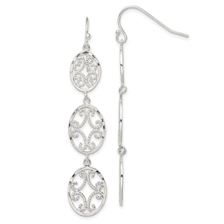 Sterling Silver Dangle Earrings with Three Oval Medallions, Filigree Scrollwork Design, Boho Vintage Style