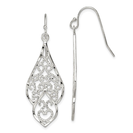 Sterling Silver Dangle Earrings with Teardrop Shape and Filigree Leaf Vine Design