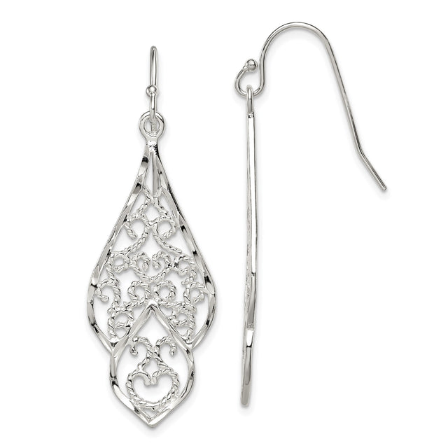 Sterling Silver Dangle Earrings with Teardrop Shape and Filigree Leaf Vine Design
