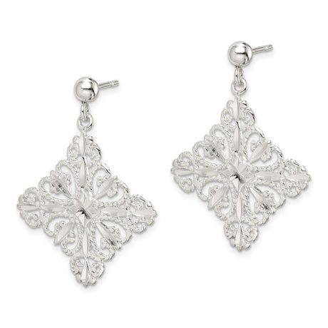 Sterling Silver Cross Dangle Earrings with Filigree Openwork and Floral Motif