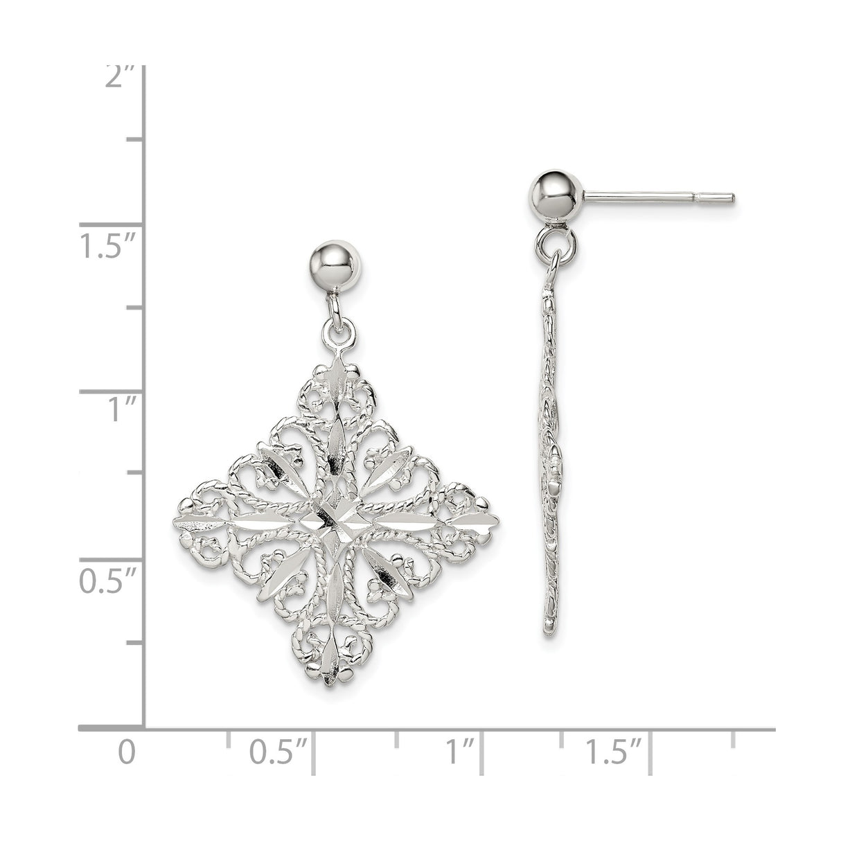 Sterling Silver Cross Dangle Earrings with Filigree Openwork and Floral Motif