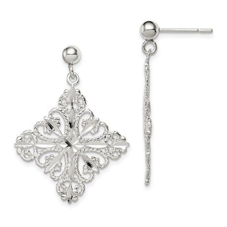 Sterling Silver Cross Dangle Earrings with Filigree Openwork and Floral Motif