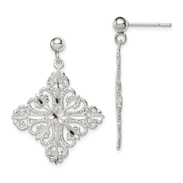 Sterling Silver Cross Dangle Earrings with Filigree Openwork and Floral Motif