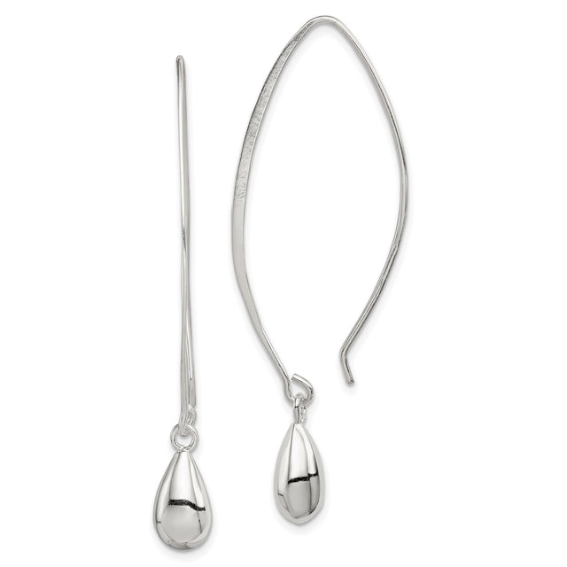Sterling Silver Dangle Earrings with Polished Teardrop, Elongated Hook, Minimalist Style for Women