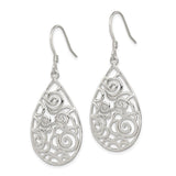 Sterling Silver Teardrop Dangle Earrings with Openwork Floral Scroll Filigree Design