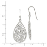 Sterling Silver Teardrop Dangle Earrings with Openwork Floral Scroll Filigree Design