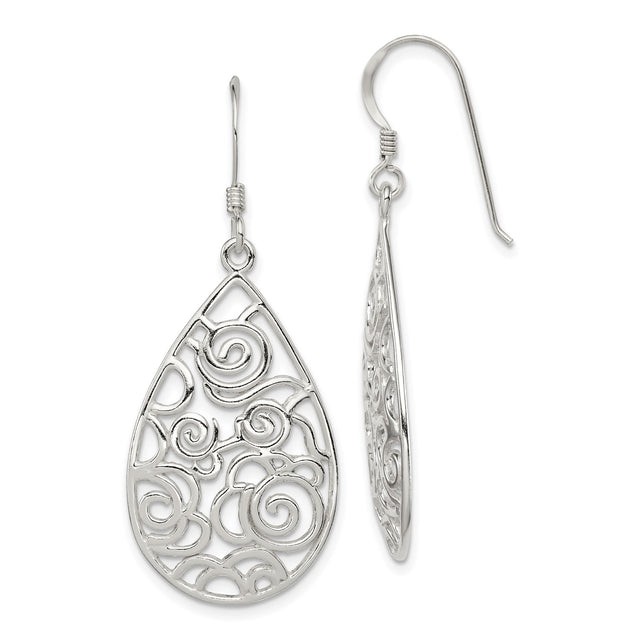 Sterling Silver Teardrop Dangle Earrings with Openwork Floral Scroll Filigree Design