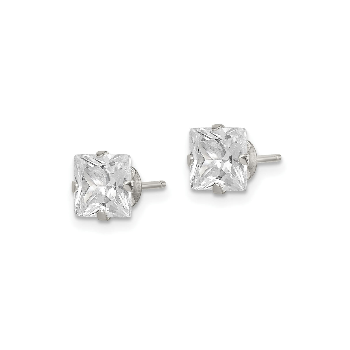 Sterling Silver Princess Cut Stud Earrings with Clear Cubic Zirconia, Minimalist Four Prong Setting
