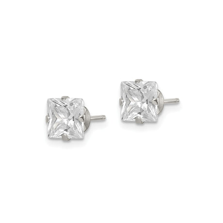 Sterling Silver Princess Cut Stud Earrings with Clear Cubic Zirconia, Minimalist Four Prong Setting