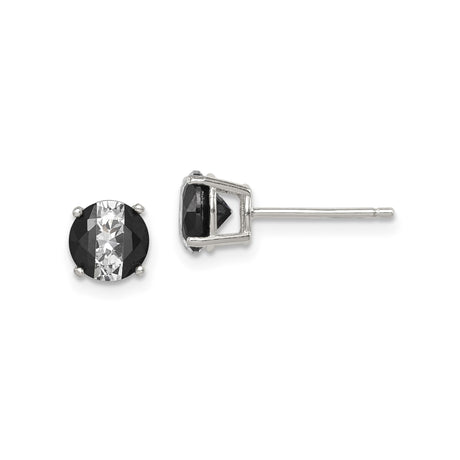 Sterling Silver Stud Earrings with Black and Clear Cubic Zirconia, Two-Tone Round Prong Setting
