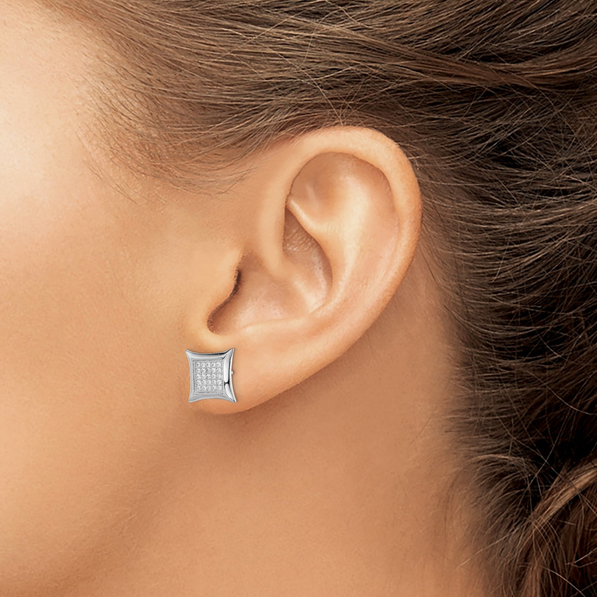 Sterling Silver Stud Earrings with Pave Cubic Zirconia, Square Geometric Design