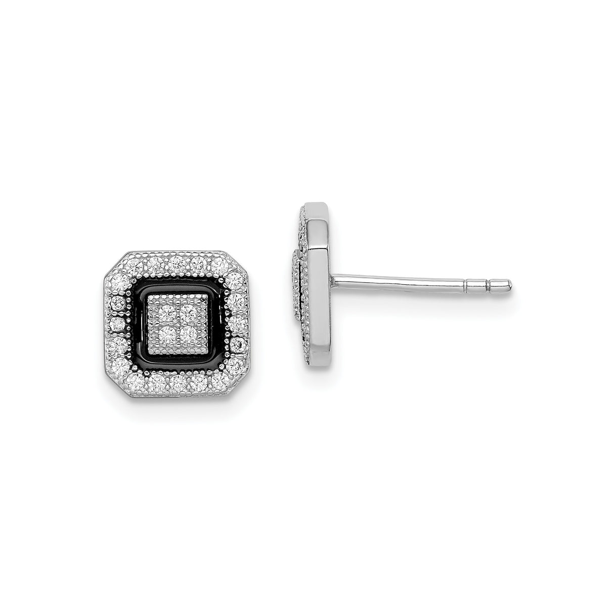 Sterling Silver Square Halo Earrings with Clear and Black Cubic Zirconia Accents