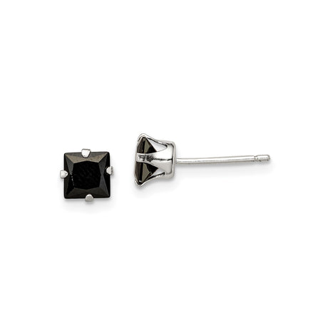 Sterling Silver Stud Earrings with Square Cut Black Cubic Zirconia, Unisex Minimalist Design for Daily Wear, Gothic Style Modern Silver Jewelry, Polished Finish with Four Prong Setting, Urban Look