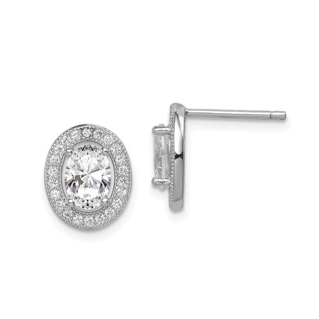 Sterling Silver Oval Stud Earrings with Cubic Zirconia Center and Halo Setting