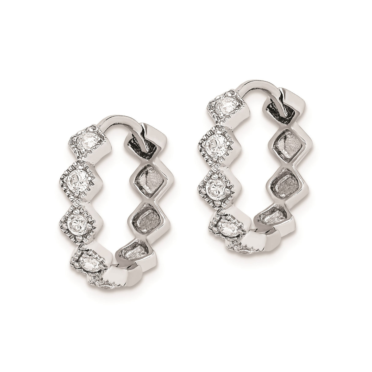 Sterling Silver Hoop Earrings with Cubic Zirconia, Bamboo Edge, Marquise Milgrain Design