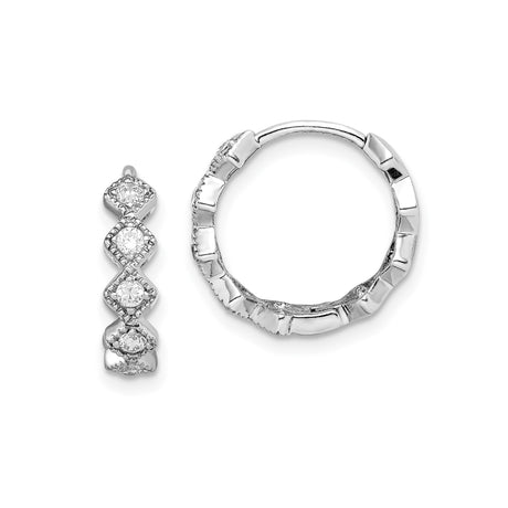 Sterling Silver Hoop Earrings with Cubic Zirconia, Bamboo Edge, Marquise Milgrain Design