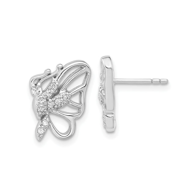 Sterling Silver Butterfly Stud Earrings with Cubic Zirconia and Openwork Design