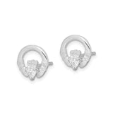 Sterling Silver Claddagh Stud Earrings with Cubic Zirconia, Heart Crown Hands Design