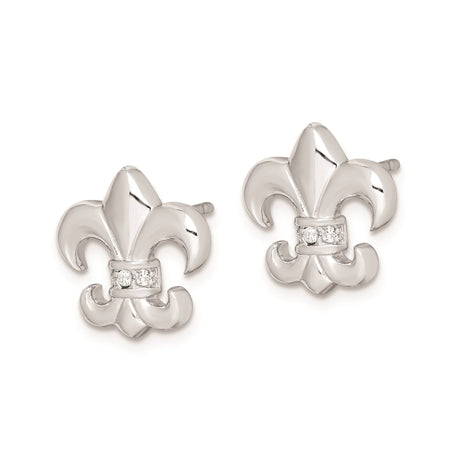 Sterling Silver Fleur-de-Lis Stud Earrings with Cubic Zirconia, Classic French Symbol Design