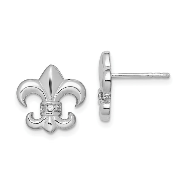 Sterling Silver Fleur-de-Lis Stud Earrings with Cubic Zirconia, Classic French Symbol Design