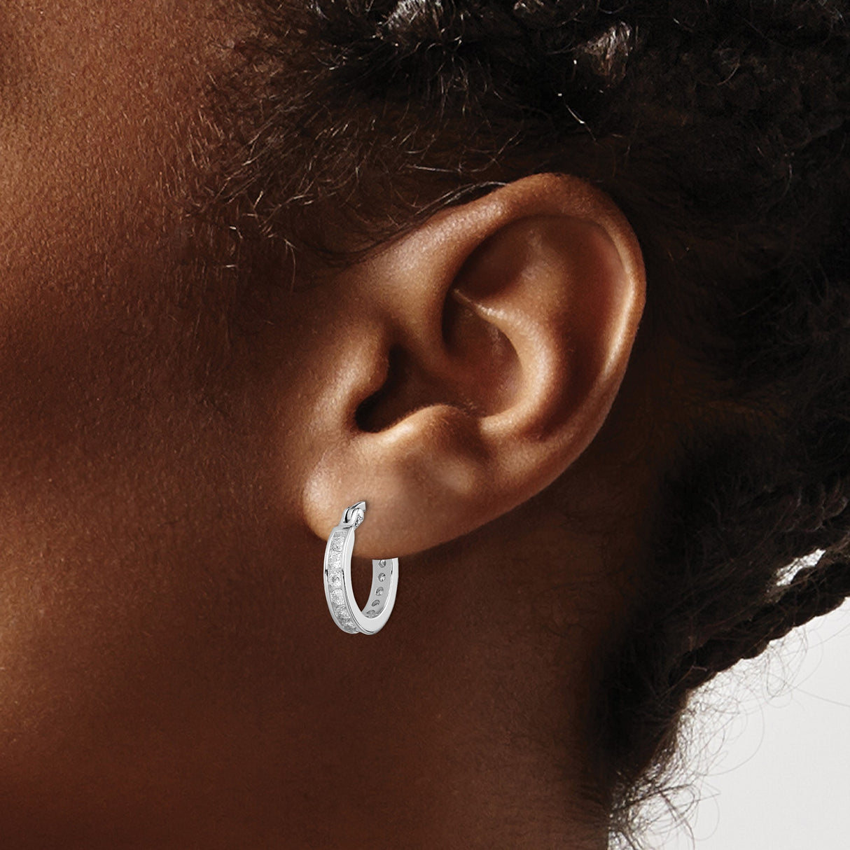Sterling Silver Hoop Earrings with Channel-Set Cubic Zirconia, Classic Polished Style