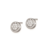 Sterling Silver Stud Earrings with Cubic Zirconia Floral Cluster and Textured Border