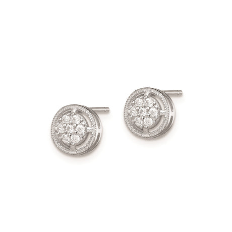 Sterling Silver Stud Earrings with Cubic Zirconia Floral Cluster and Textured Border