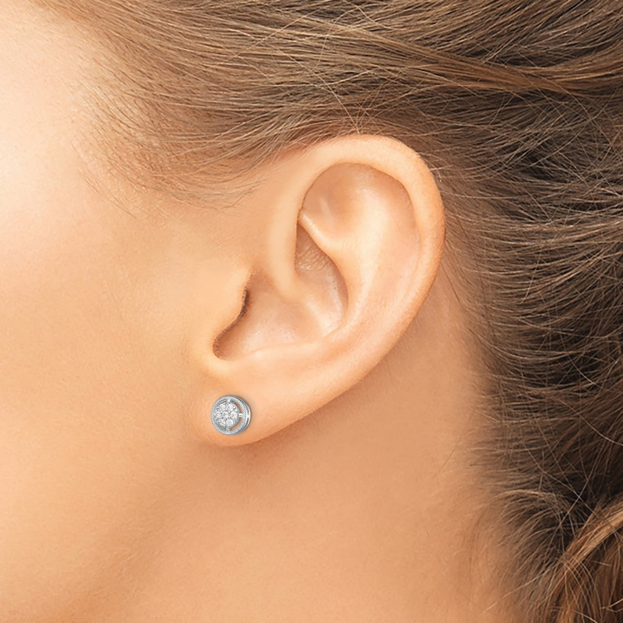 Sterling Silver Stud Earrings with Cubic Zirconia Floral Cluster and Textured Border