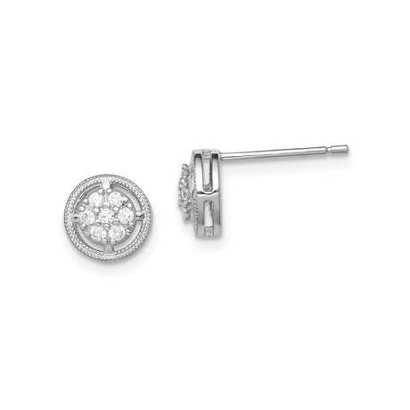 Sterling Silver Stud Earrings with Cubic Zirconia Floral Cluster and Textured Border