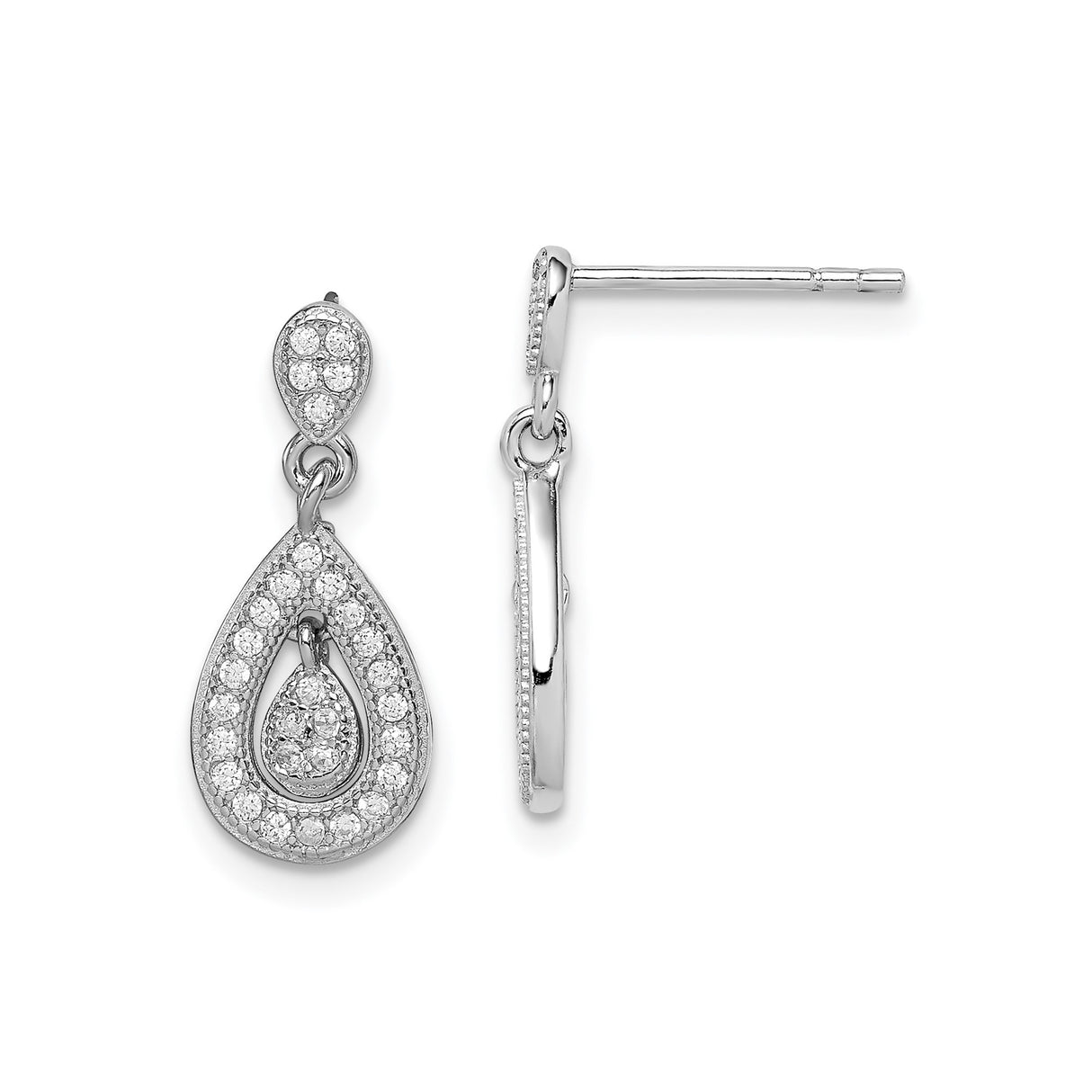 Sterling Silver Dangle Earrings with Cubic Zirconia, Double Drop Teardrop Design