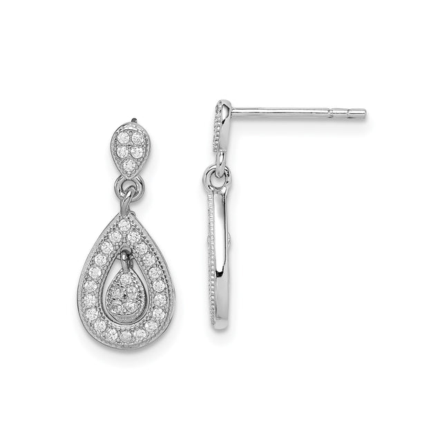 Sterling Silver Dangle Earrings with Cubic Zirconia, Double Drop Teardrop Design