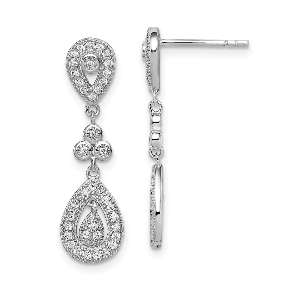 Sterling Silver Drop Earrings with Teardrop and Round Cubic Zirconia, Elegant Dangle Design