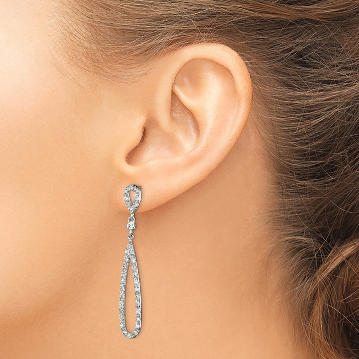 Sterling Silver Dangle Earrings with Cubic Zirconia, Elongated Teardrop Drop Design