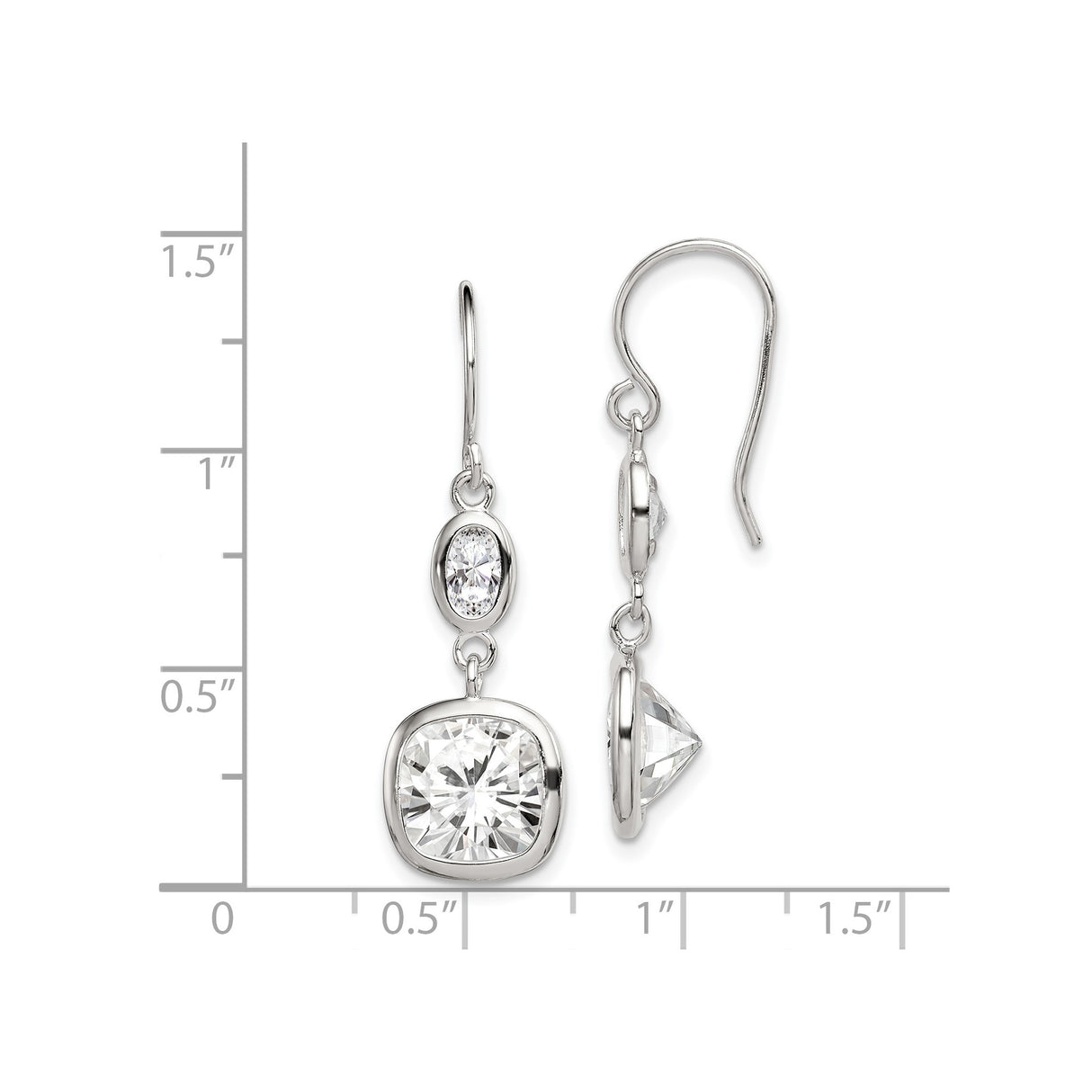 Sterling Silver Drop Earrings with Cushion Cut and Oval Cubic Zirconia Bezel Settings