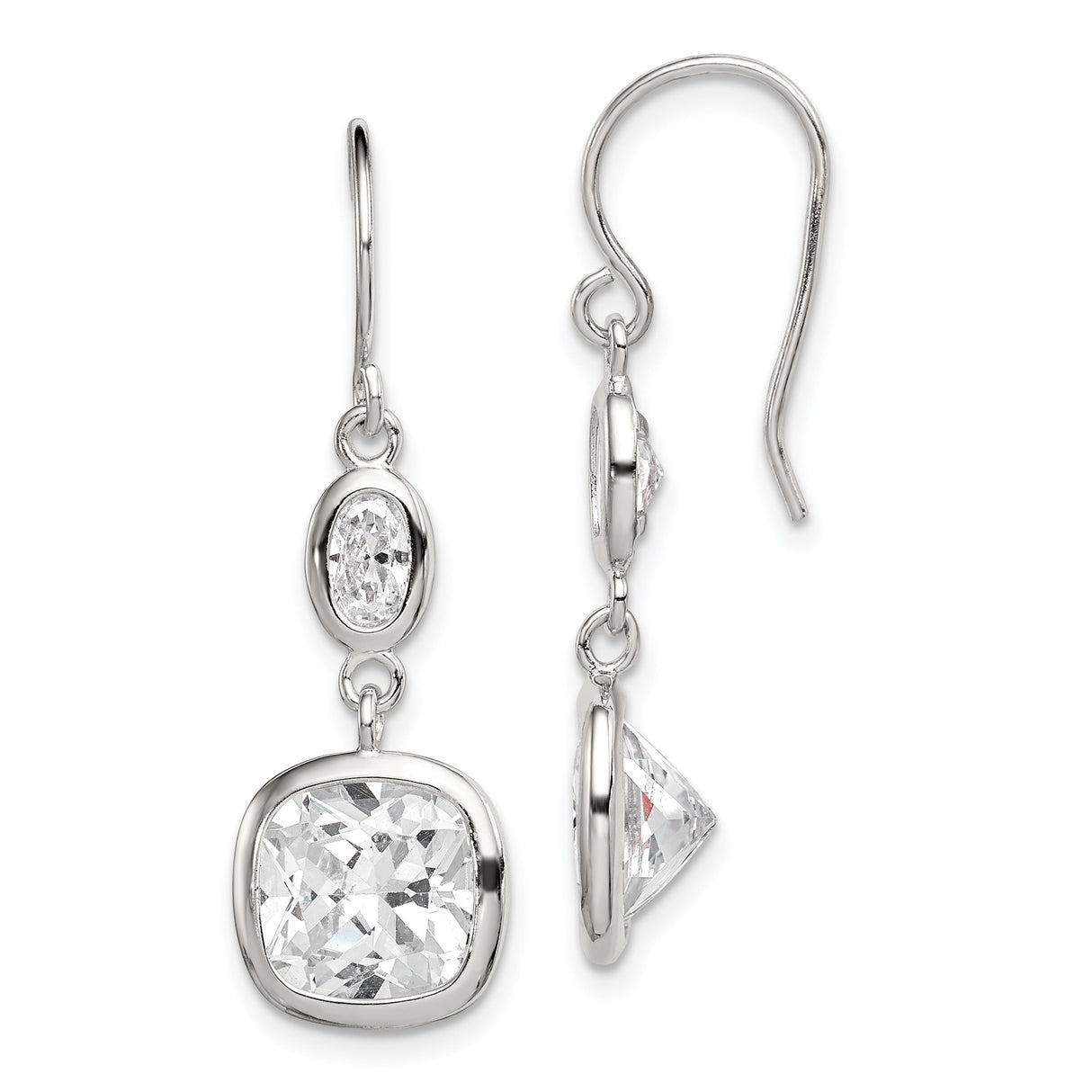 Sterling Silver Drop Earrings with Cushion Cut and Oval Cubic Zirconia Bezel Settings