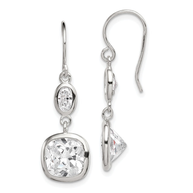Sterling Silver Drop Earrings with Cushion Cut and Oval Cubic Zirconia Bezel Settings
