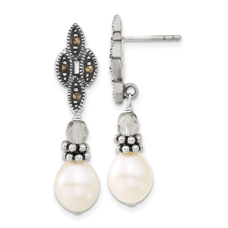 Sterling Silver Drop Earrings with Teardrop Freshwater Pearl and Marcasite Accents, Vintage Style
