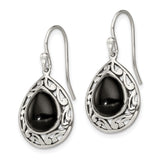 Sterling Silver Teardrop Dangle Earrings with Black Onyx, Filigree Vintage Style
