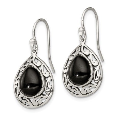 Sterling Silver Teardrop Dangle Earrings with Black Onyx, Filigree Vintage Style