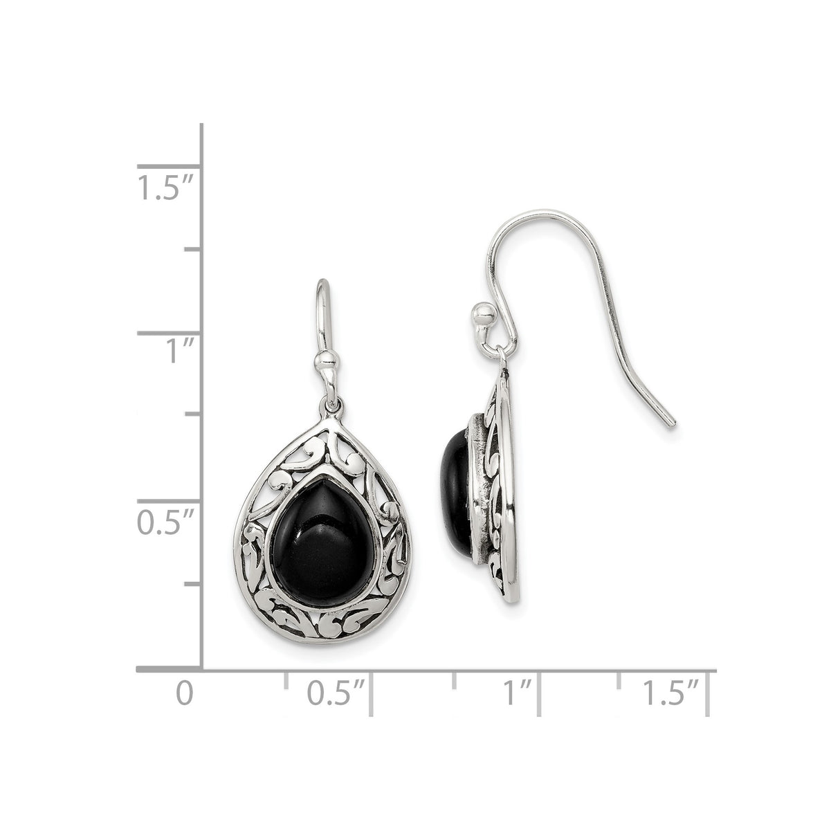 Sterling Silver Teardrop Dangle Earrings with Black Onyx, Filigree Vintage Style
