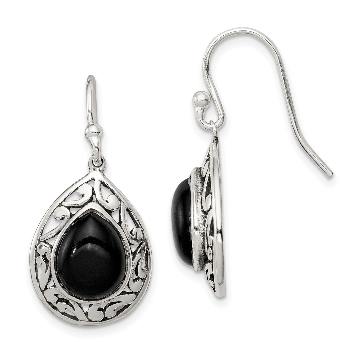 Sterling Silver Teardrop Dangle Earrings with Black Onyx, Filigree Vintage Style