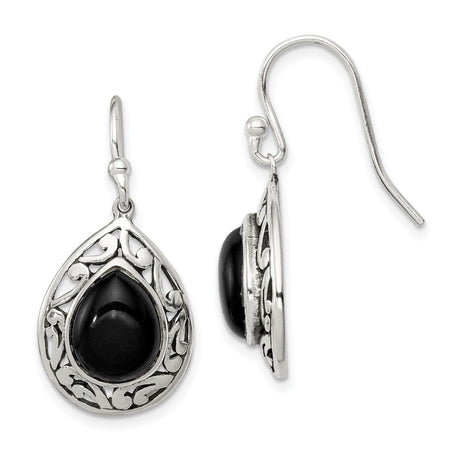 Sterling Silver Teardrop Dangle Earrings with Black Onyx, Filigree Vintage Style