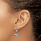 Sterling Silver Heart Dangle Earrings with Created Blue Green Opal Inlay, Romantic Drop Design